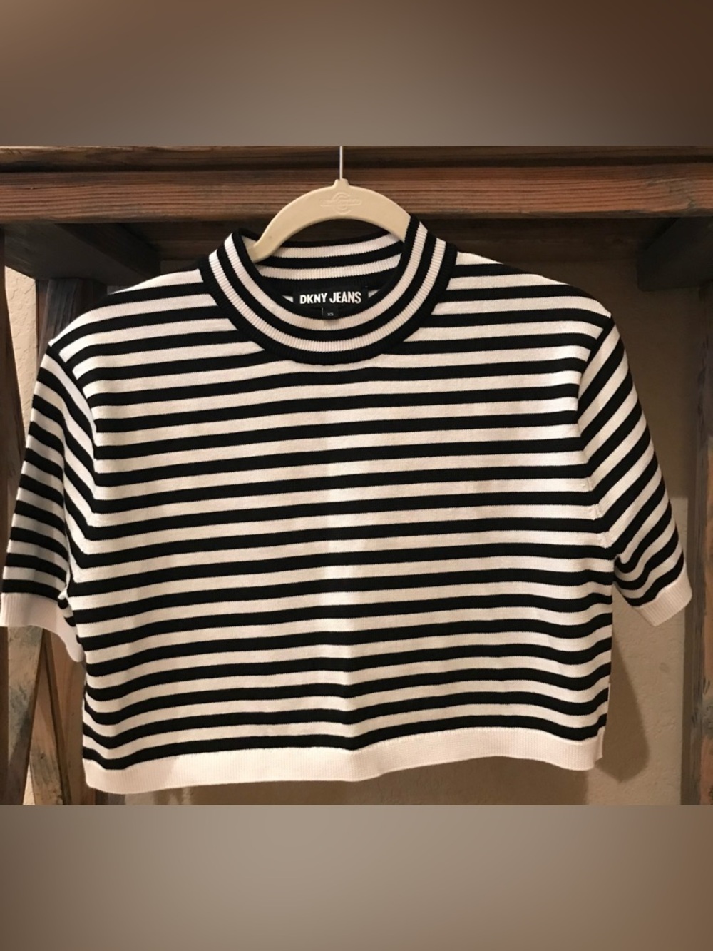 DKNY Striped Black and White Mock Neck Crop Top - XS